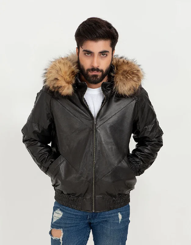 Elias Black Leather Jacket with Natural Fur Hood