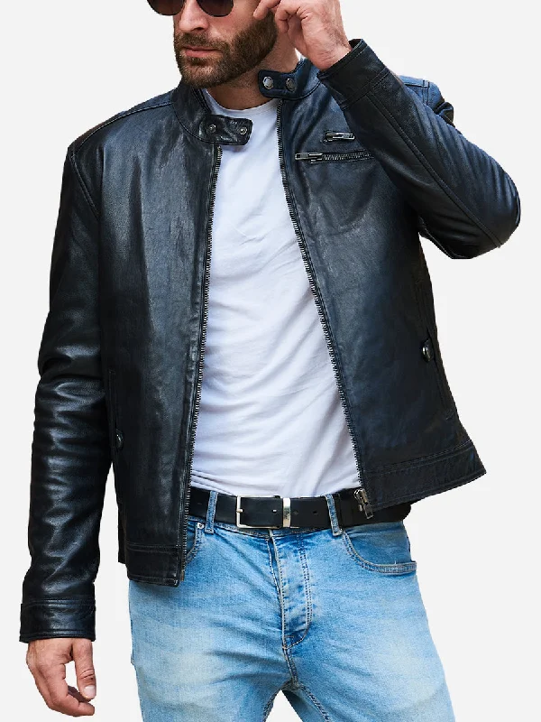 Jasiel Sheepskin Black Leather Racer Jacket