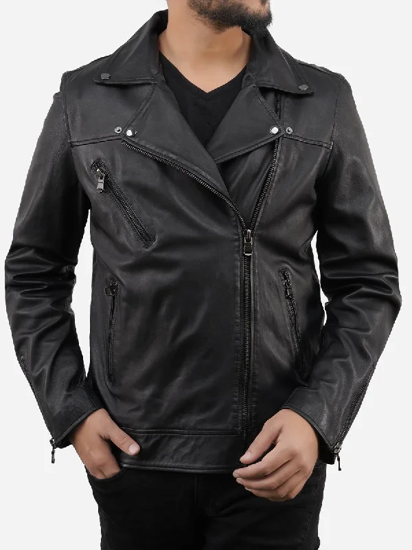 Marcus Black Sheepskin Real Leather Motorcycle Jacket