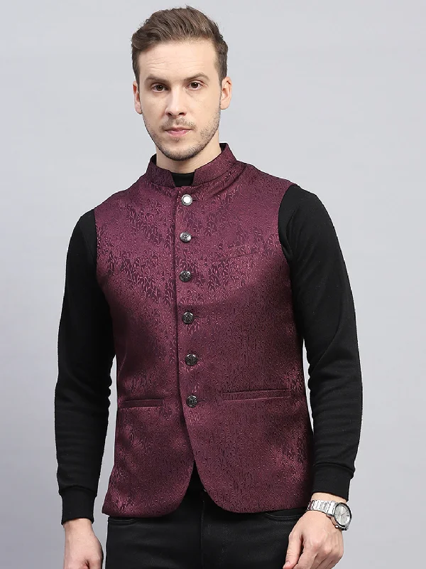 Men Purple Self Design Band Collar Sleeveless Coat