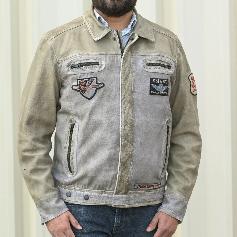 Shop the latest trends in men's clothing at unbeatable prices. Men's Leather and Twill Jacket with Patches and Four Zip Pockets Shop the latest trends in men's clothing at unbeatable prices. Men's Leather and Twill Jacket with Patches and Four Zip Pockets