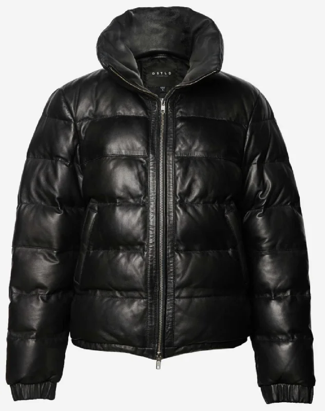 Mens Leather Puffer Jacket In Black