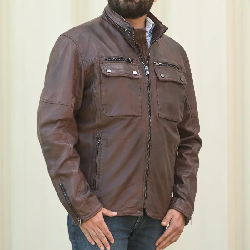 Men's Dual Flap Pockets Leather Jacket