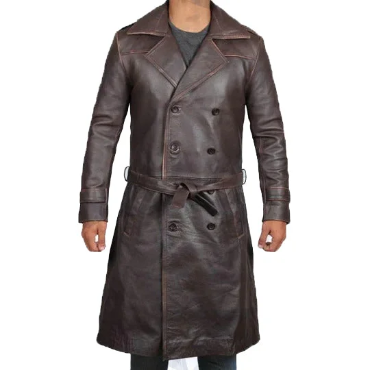 Nyoris Distressed Long Leather Double Breasted Coat