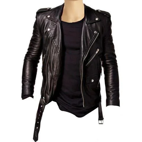 Slim fit biker style jacket with belt