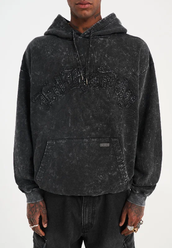 Mens Acid Wash Applique Graphic Pouch Hoodie - Black